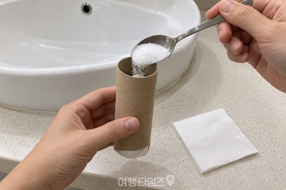 한쪽을 휴지로 막은 휴지심에 베이킹소다를 넣는 모습 / 기사 이해를 돕기 위한 생성형 이미지