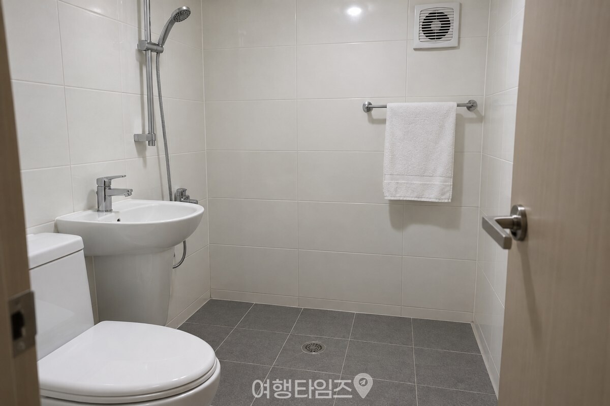 환풍기 아래 마른 수건과 배수구가 보이는 작은 화장실 모습 / 기사 이해를 돕기 위한 생성형 이미지