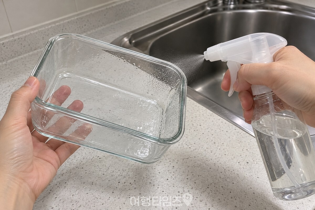 식초물을 분무기로 유리 반찬통 옆면에 뿌리는 모습 / 기사 이해를 돕기 위한 생성형 이미지