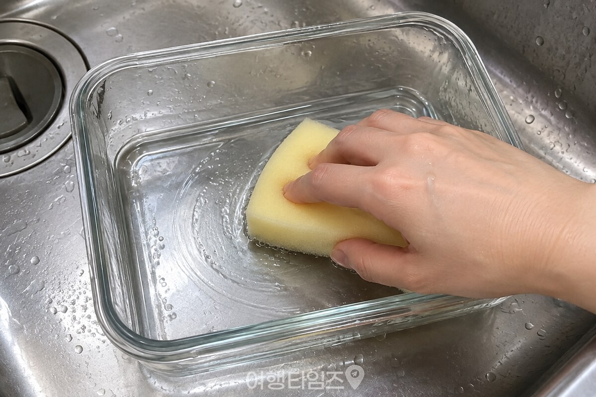 부드러운 스펀지로 유리 반찬통 바닥을 닦는 모습 / 기사 이해를 돕기 위한 생성형 이미지
