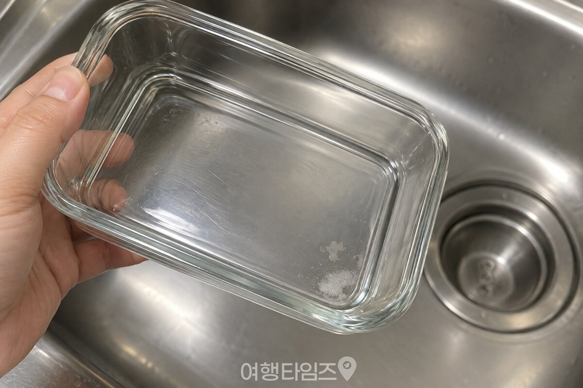 유리 바닥 모서리에 옅은 하얀 물때가 남은 반찬통 / 기사 이해를 돕기 위한 생성형 이미지