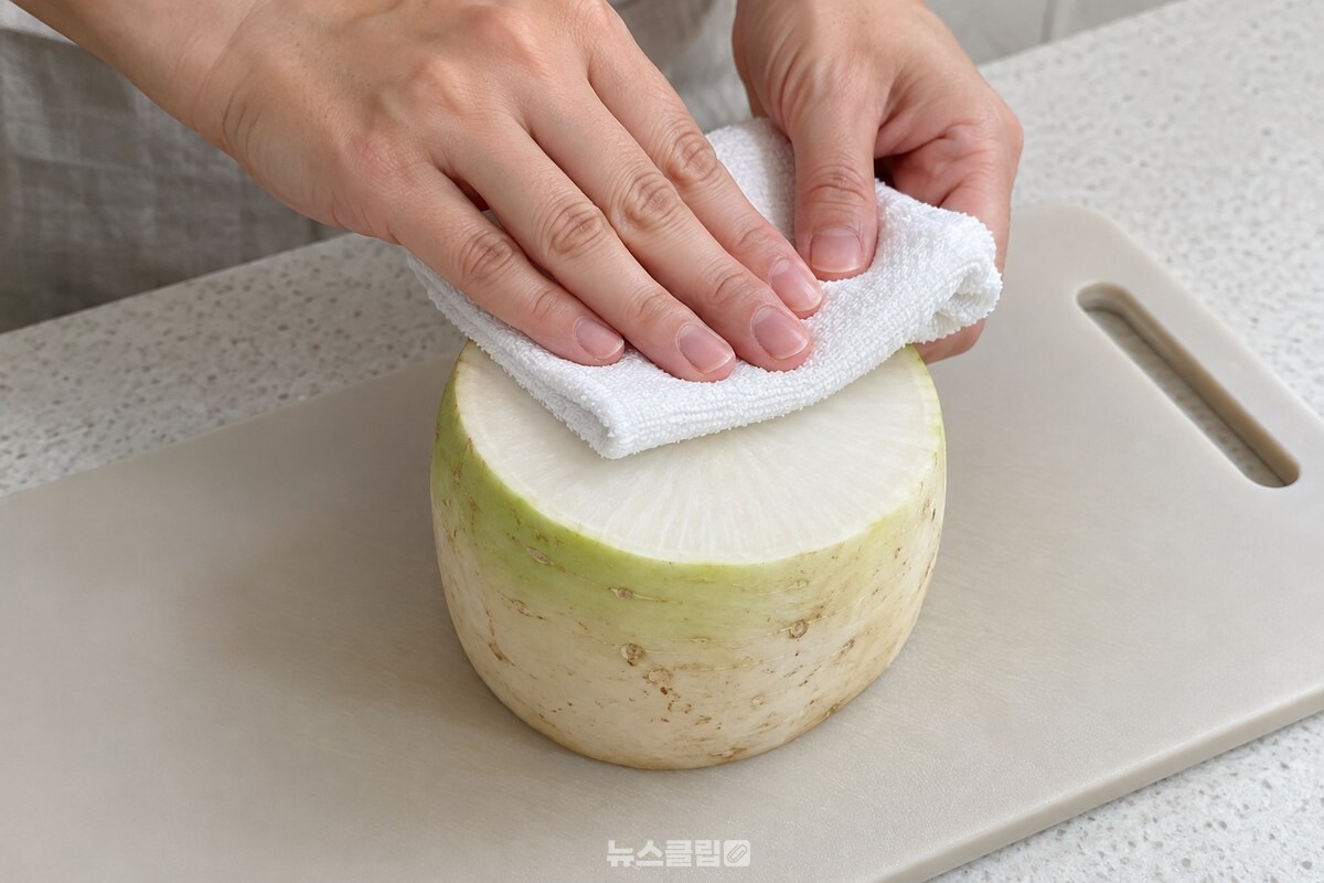키친타월로 반쪽 무의 단면을 가볍게 닦는 손 / 기사 이해를 돕기 위한 생성형 이미지