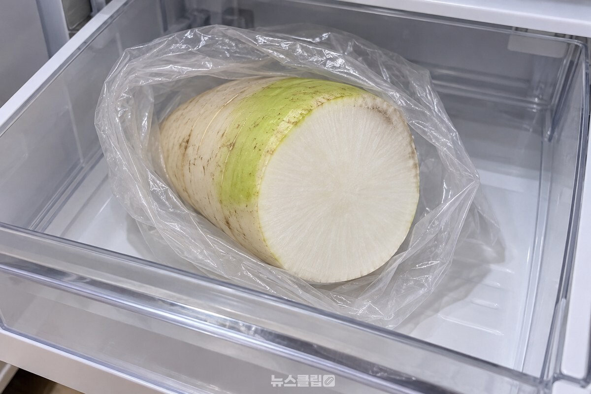 냉장고 채소칸에 느슨하게 놓인 반쪽 무의 자른 면 / 기사 이해를 돕기 위한 생성형 이미지
