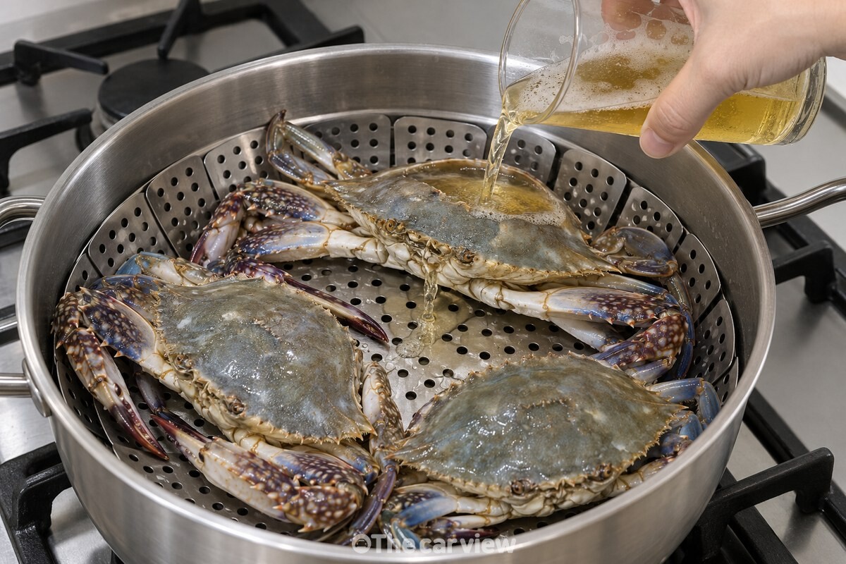 꽃게 겉면을 적시고 찜기 아래로 흐르는 맥주 / 기사 이해를 돕기 위한 생성형 이미지