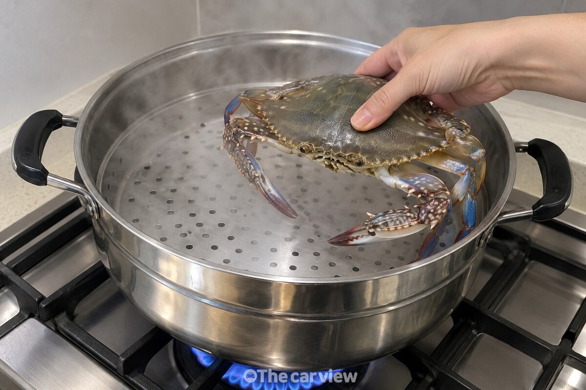 김이 오른 찜기 위에 꽃게를 올리는 손 / 기사 이해를 돕기 위한 생성형 이미지