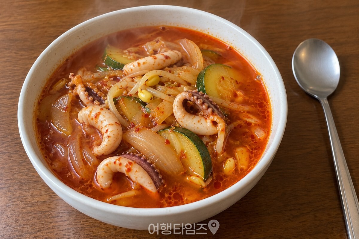 붉은 국물 위에 오징어와 채소가 담긴 완성 오징어찌개 / 기사 이해를 돕기 위한 생성형 이미지
