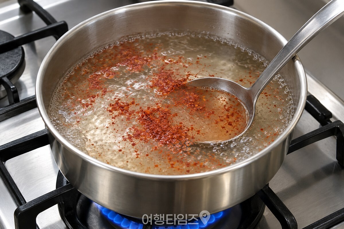 맑은 물에 고춧가루가 고르게 풀리지 않은 냄비 / 기사 이해를 돕기 위한 생성형 이미지