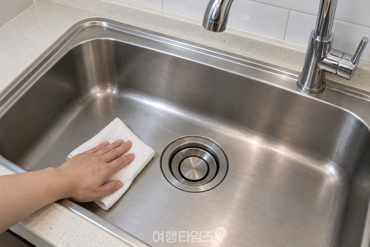 마른 행주로 물기를 닦아 낸 스테인리스 싱크볼 / 기사 이해를 돕기 위한 생성형 이미지