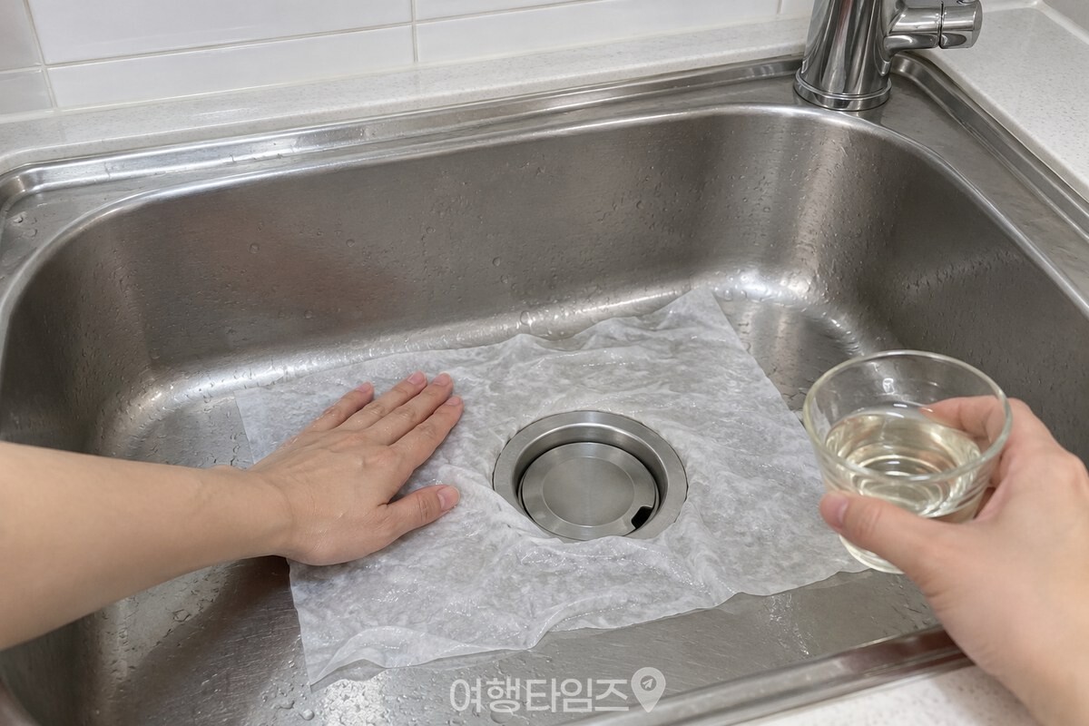 식초를 적신 물티슈를 싱크볼 바닥에 붙이는 모습 / 기사 이해를 돕기 위한 생성형 이미지