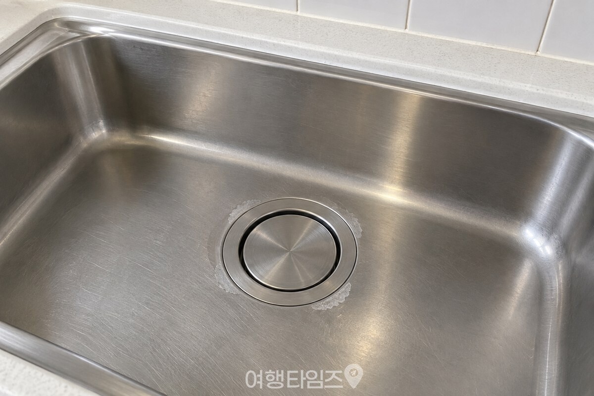 배수구 둘레에만 옅은 하얀 고리가 보이는 스테인리스 싱크볼 / 기사 이해를 돕기 위한 생성형 이미지