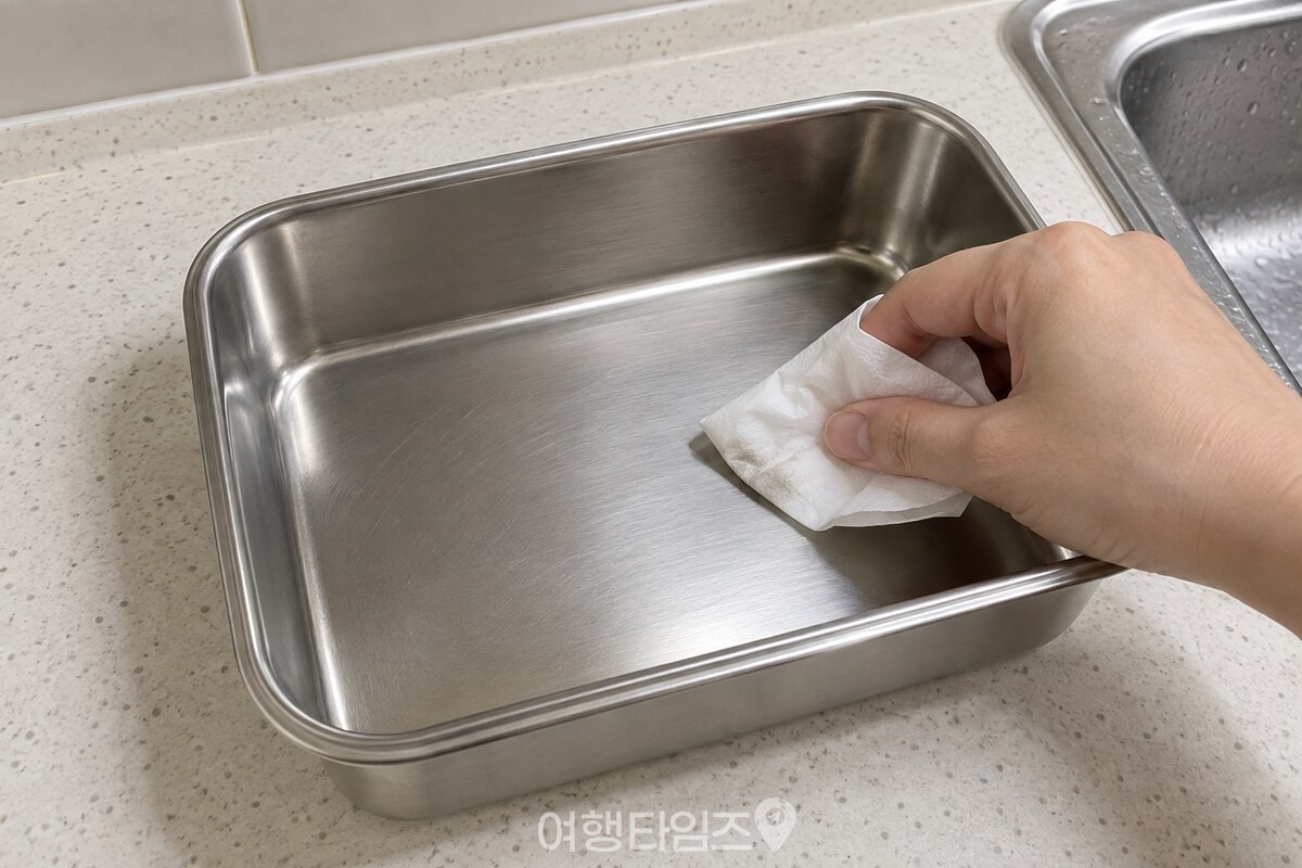 마른 스테인리스 반찬통 안쪽을 흰 휴지로 닦아 보는 모습 / 기사 이해를 돕기 위한 생성형 이미지