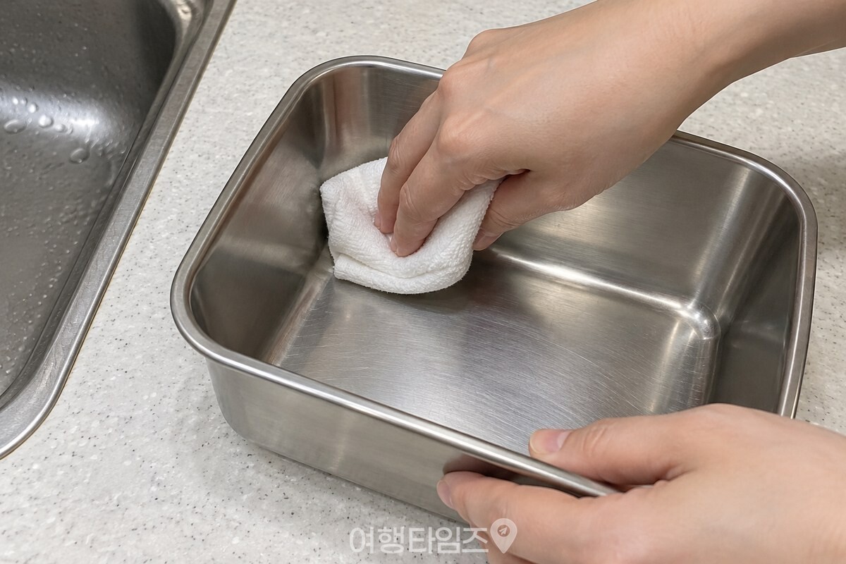 깨끗한 면으로 바꾼 면포를 반찬통 안쪽에 대는 모습 / 기사 이해를 돕기 위한 생성형 이미지
