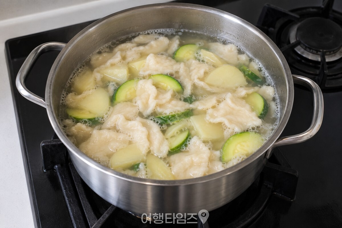 밀가루 반죽을 얇게 떼어 넣은 맑은 수제비 냄비 / 기사 이해를 돕기 위한 생성형 이미지