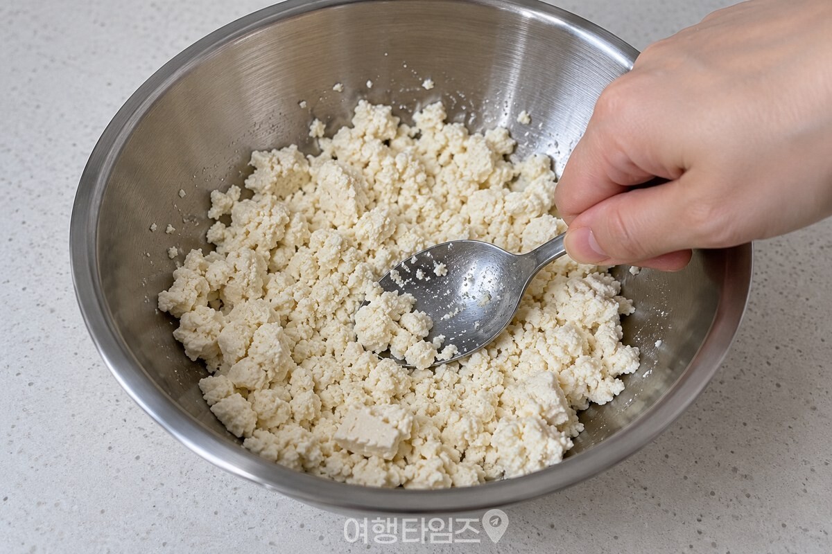 물기를 뺀 두부를 볼에서 곱게 으깨는 손 / 기사 이해를 돕기 위한 생성형 이미지
