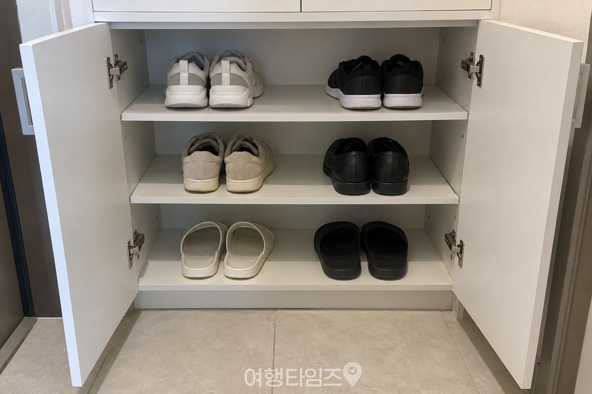 문을 열어 둔 신발장 안쪽과 가지런한 신발 모습 / 기사 이해를 돕기 위한 생성형 이미지