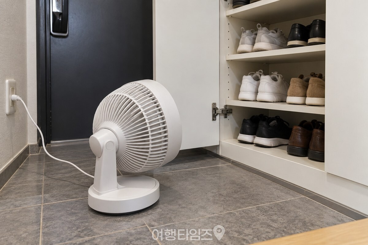 열린 신발장 쪽으로 바람을 보내는 서큘레이터 모습 / 기사 이해를 돕기 위한 생성형 이미지