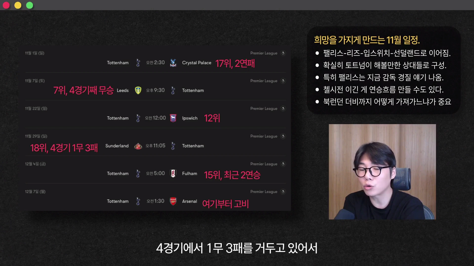 화면 좌측에는 토트넘의 11월 경기 일정과 상대 팀 정보가 정리된 표가 보이고, 우측 하단에는 안경을 쓴 남성이 마이크 앞에서 설명하는 모습이 담긴 영상 캡처 화면입니다.