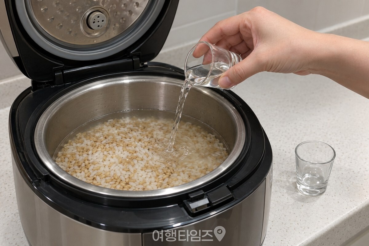 밥물에서 덜어 낸 양만큼 소주를 붓는 모습 / 기사 이해를 돕기 위한 생성형 이미지