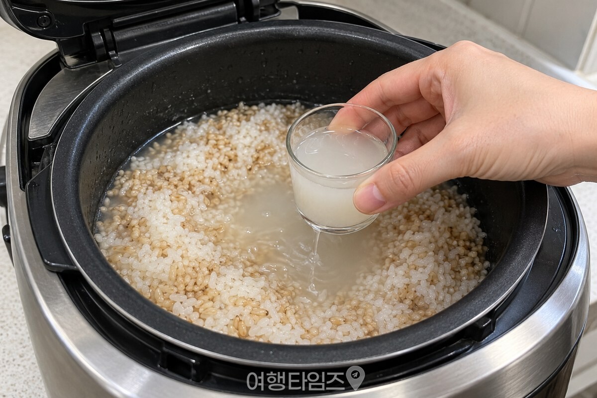 밥솥 내솥에서 밥물을 소주잔으로 덜어 내는 모습 / 기사 이해를 돕기 위한 생성형 이미지