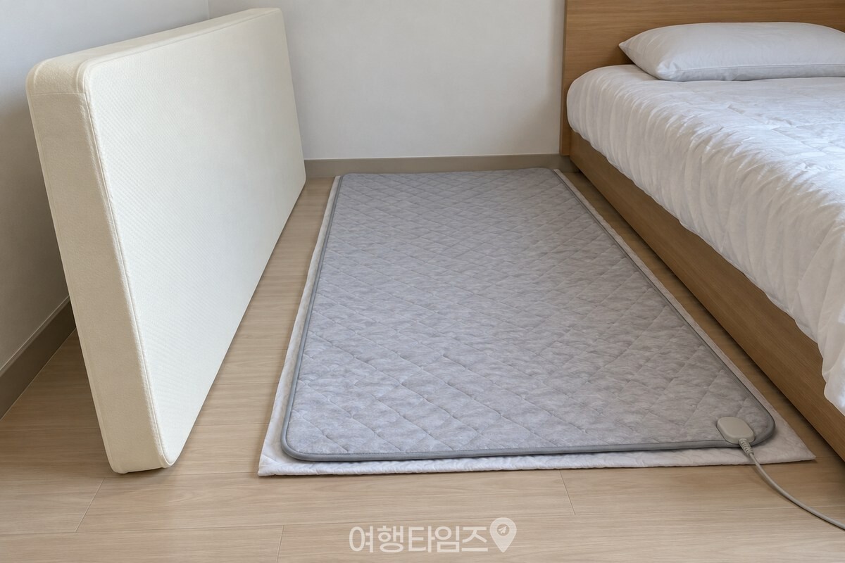 두꺼운 라텍스 매트리스와 전기장판을 분리해 둔 침대 옆 모습 / 기사 이해를 돕기 위한 생성형 이미지