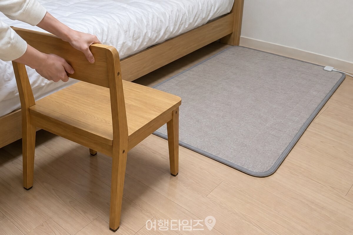 전기장판 옆 바닥으로 의자를 옮기는 모습 / 기사 이해를 돕기 위한 생성형 이미지