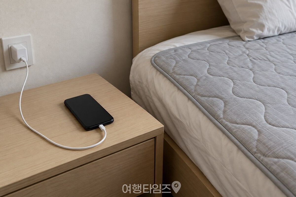 협탁 위에서 충전 중인 스마트폰과 비워 둔 전기장판 / 기사 이해를 돕기 위한 생성형 이미지