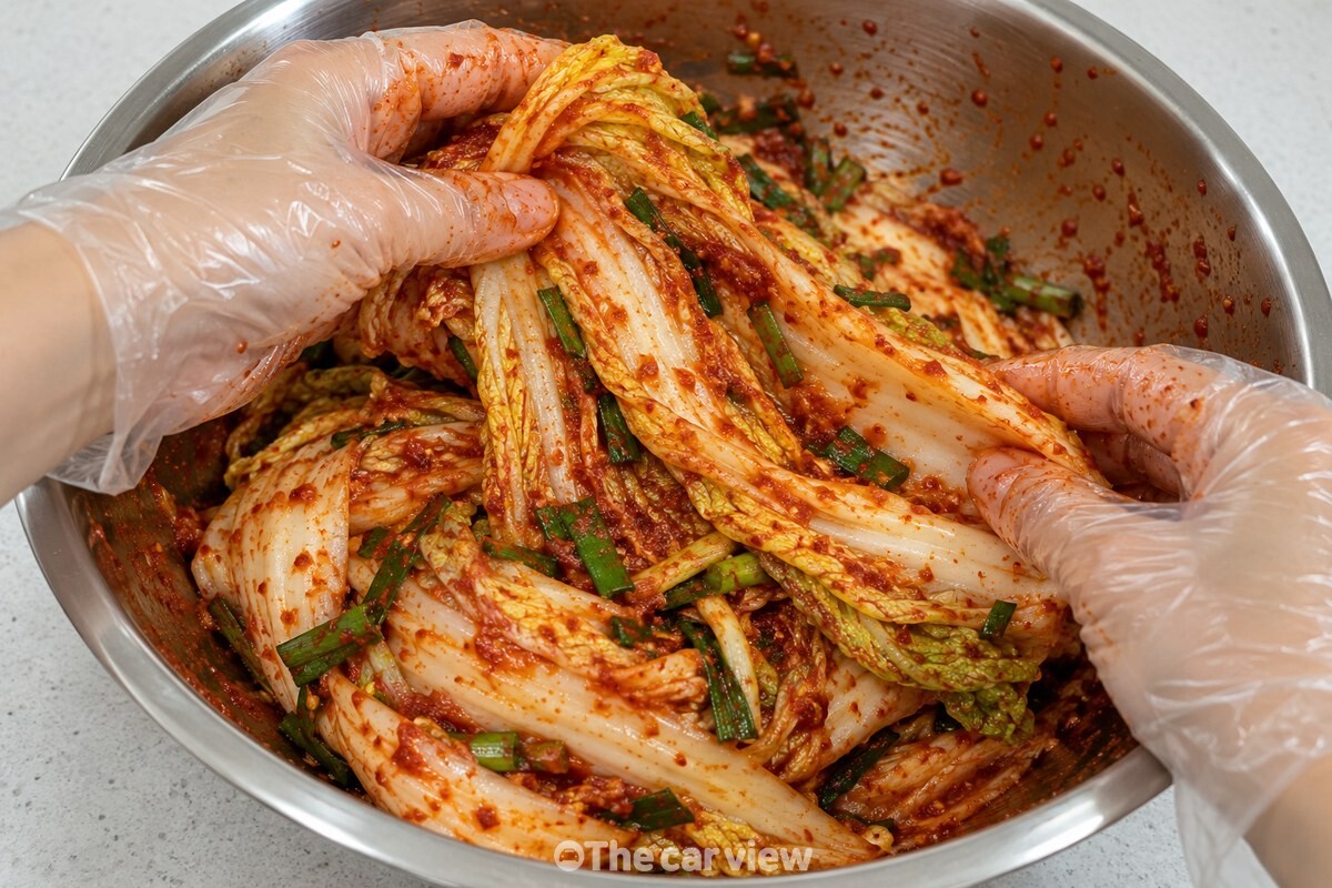 배춧잎 표면에 얇게 붙은 붉은 겉절이 양념 / 기사 이해를 돕기 위한 생성형 이미지
