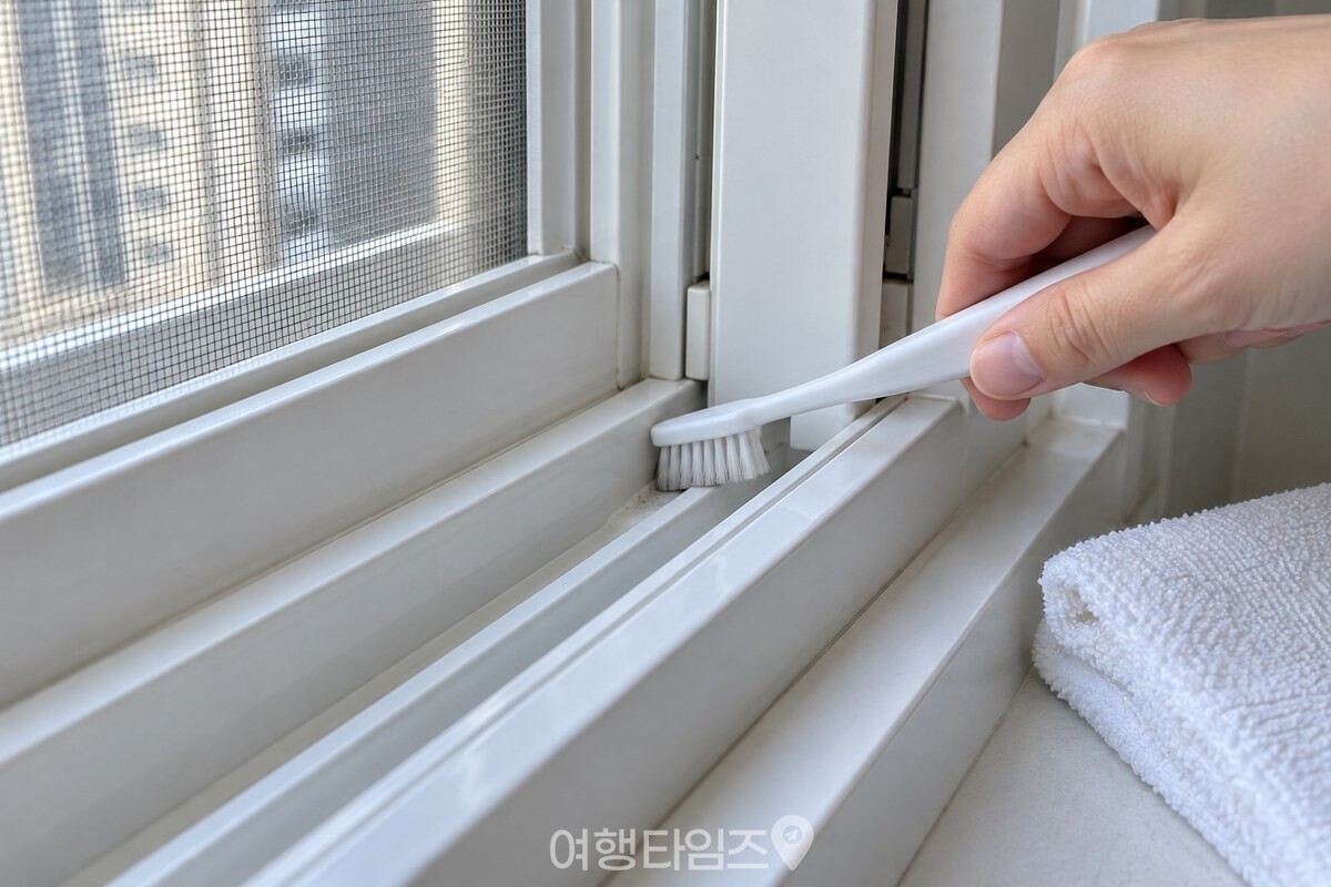창틀 레일 홈을 칫솔로 가볍게 쓸어 내는 모습 / 기사 이해를 돕기 위한 생성형 이미지