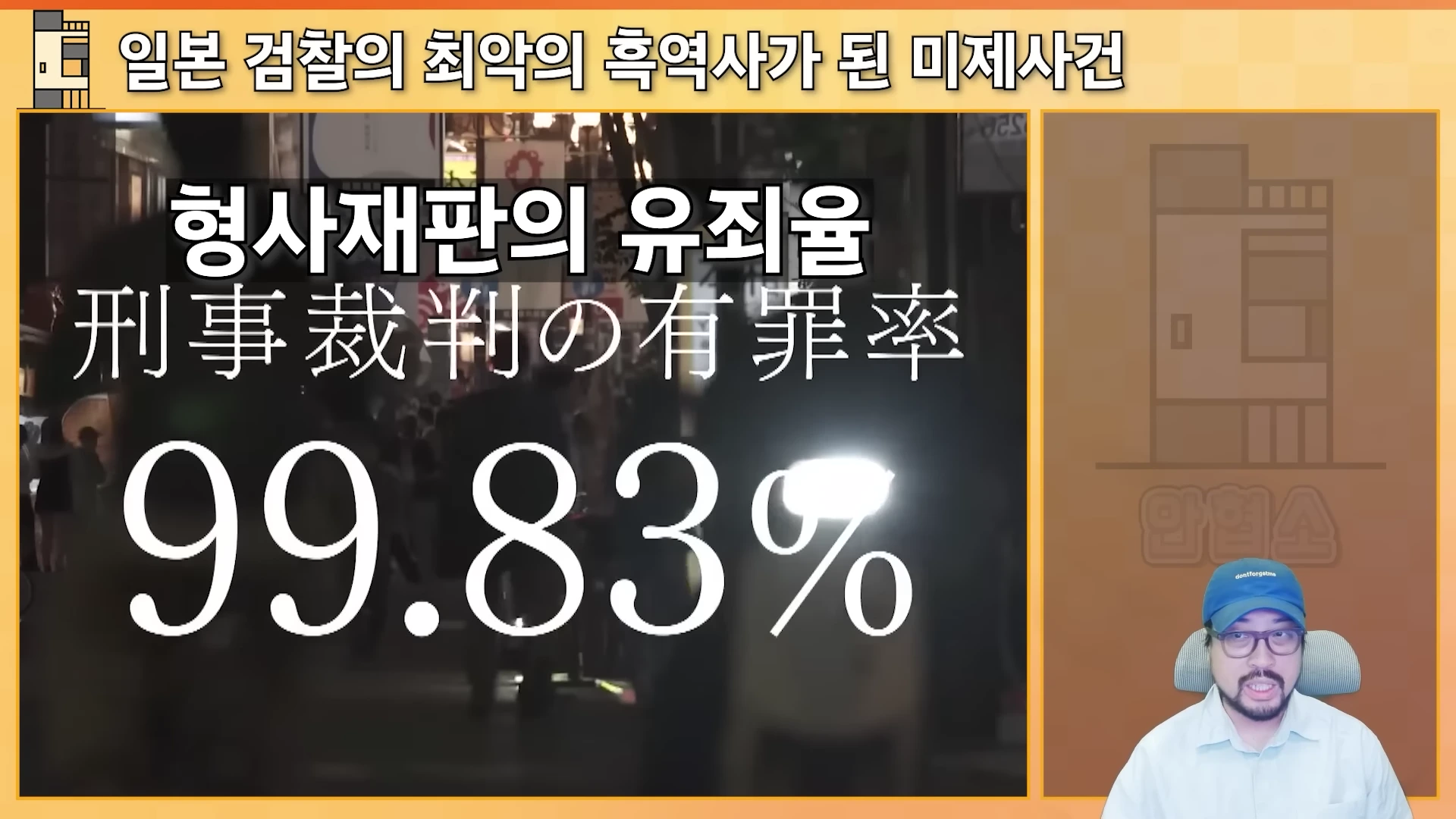 안경을 쓰고 파란 모자를 쓴 남성이 카메라를 응시하며 이야기하고 있고, 화면 왼쪽에는 '형사재판의 유죄율 99.83%'라는 큰 자막이 표시되어 있습니다.