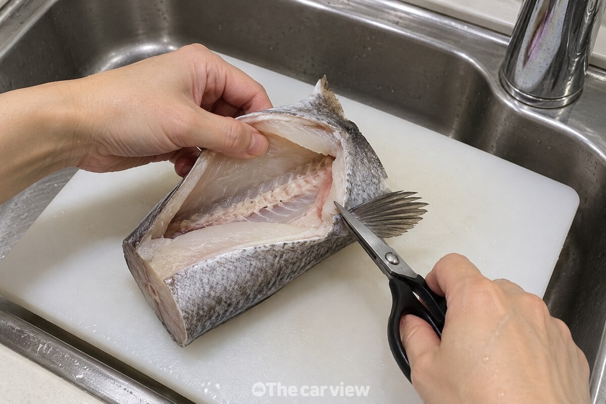 해동한 동태 토막의 뱃속과 지느러미 쪽을 살피는 모습 / 기사 이해를 돕기 위한 생성형 이미지