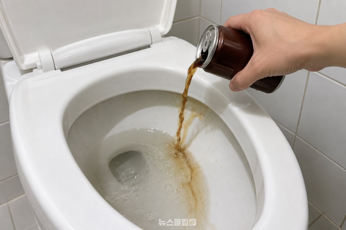 변기 테두리 안쪽으로 콜라를 돌려 붓는 손 / 기사 이해를 돕기 위한 생성형 이미지