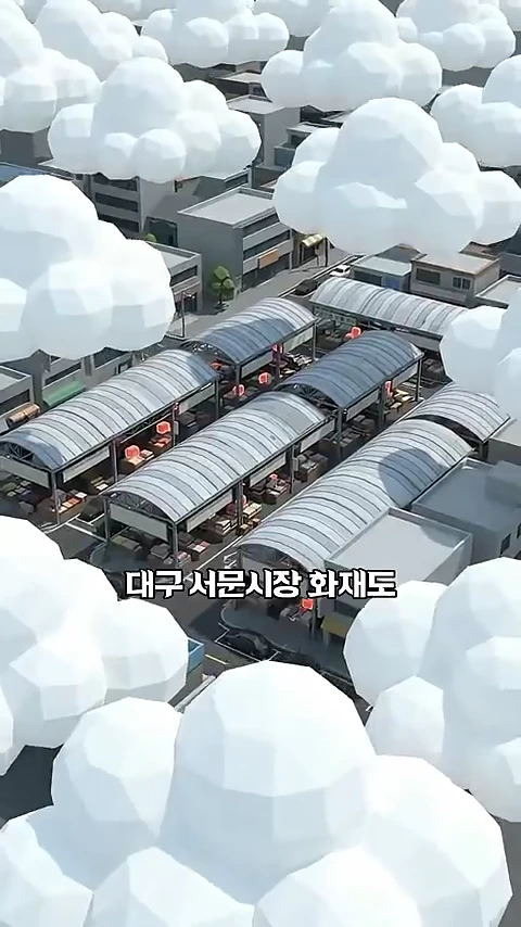 하늘에서 내려다본 저층 건물들이 밀집한 시장 구역과 그 위를 떠다니는 구름을 3D 애니메이션 스타일로 묘사한 화면입니다.