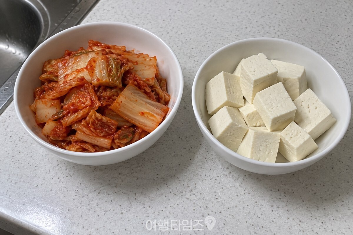 한입 크기로 썬 김치와 깍둑썬 두부를 준비한 모습 / 기사 이해를 돕기 위한 생성형 이미지