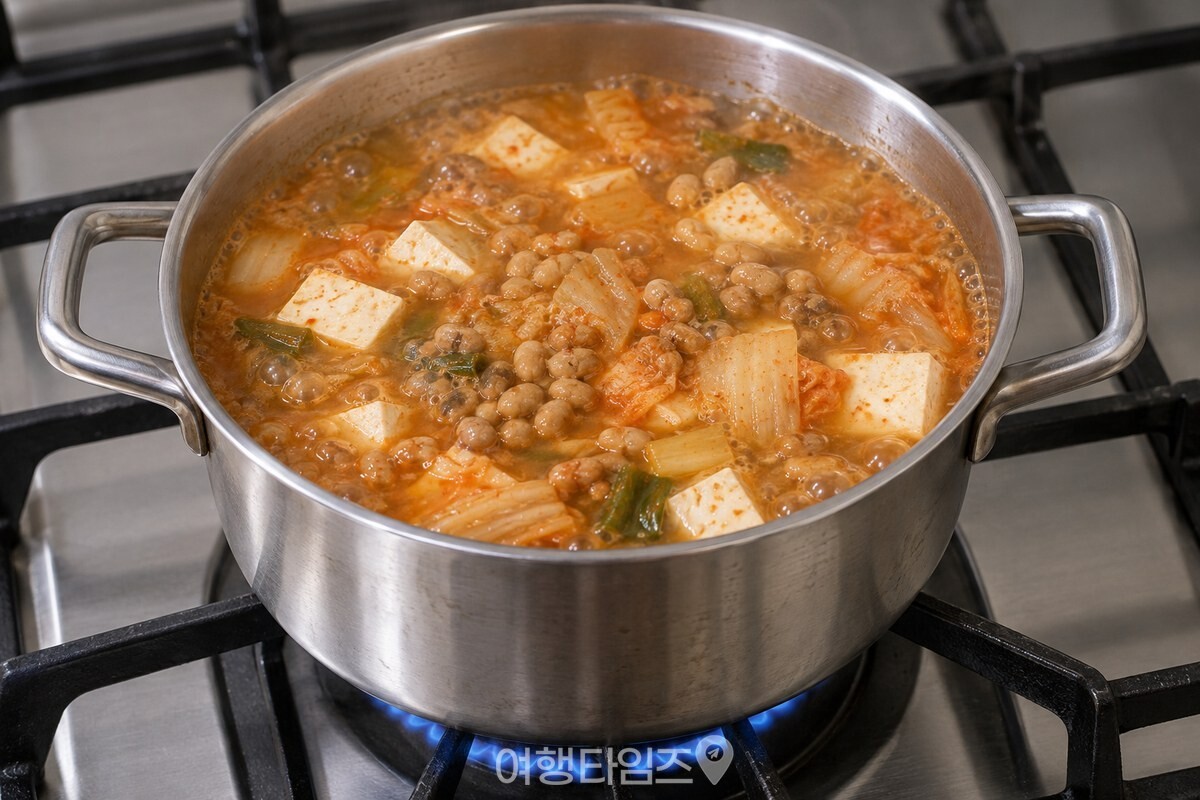 국물 위에 콩알이 보이는 청국장찌개 냄비 / 기사 이해를 돕기 위한 생성형 이미지