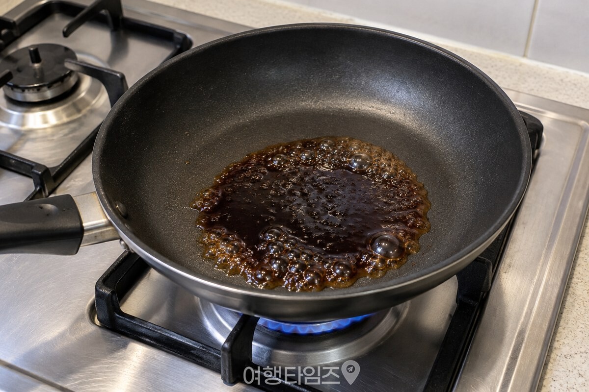 빈 팬 바닥에서 작게 끓는 진간장 / 기사 이해를 돕기 위한 생성형 이미지