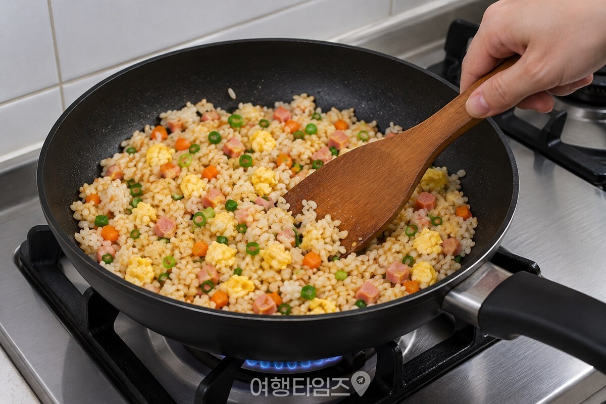 주걱으로 밥알을 풀어 가며 볶는 계란볶음밥 / 기사 이해를 돕기 위한 생성형 이미지