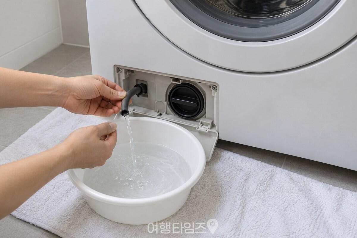 드럼세탁기 배수 필터 앞에 수건과 대야를 받친 모습 / 기사 이해를 돕기 위한 생성형 이미지