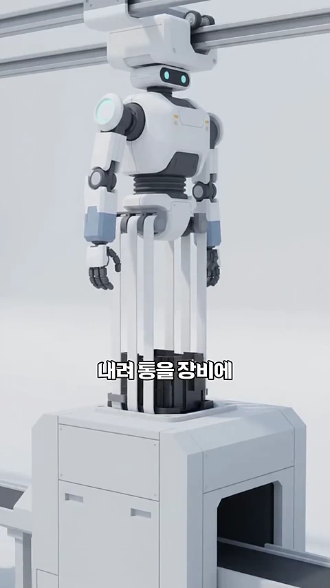 흰색 로봇이 천장에 매달려 웨이퍼 통을 장비 위로 내리고 있는 모습이 담긴 3D 그래픽 영상 화면입니다.