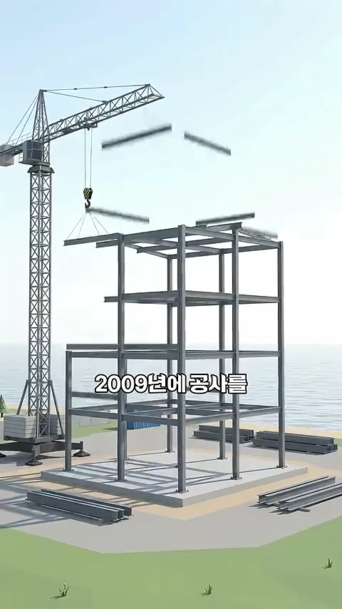바닷가 근처에서 타워크레인이 철골 구조물을 들어 올려 건물을 짓고 있는 모습의 3D 그래픽 영상입니다.