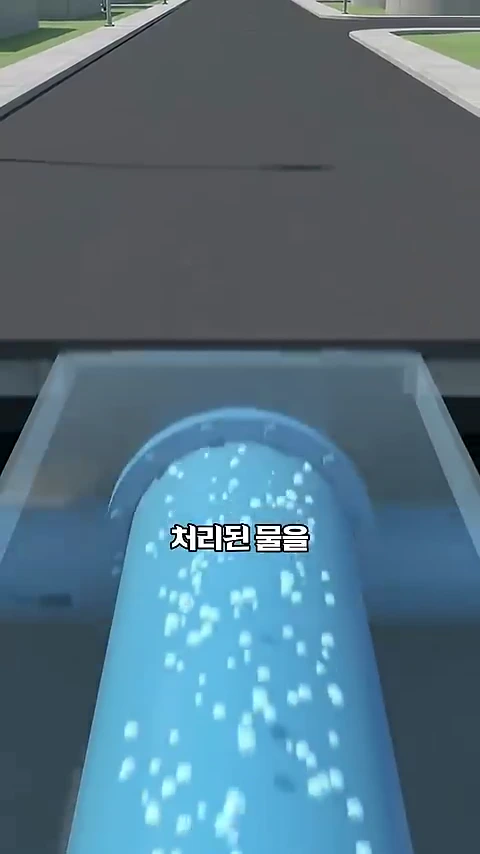 하늘색 파이프를 통해 물이 흐르는 모습을 보여주는 3D 그래픽 영상으로, 화면 중앙에 '처리된 물을'이라는 자막이 떠 있습니다.