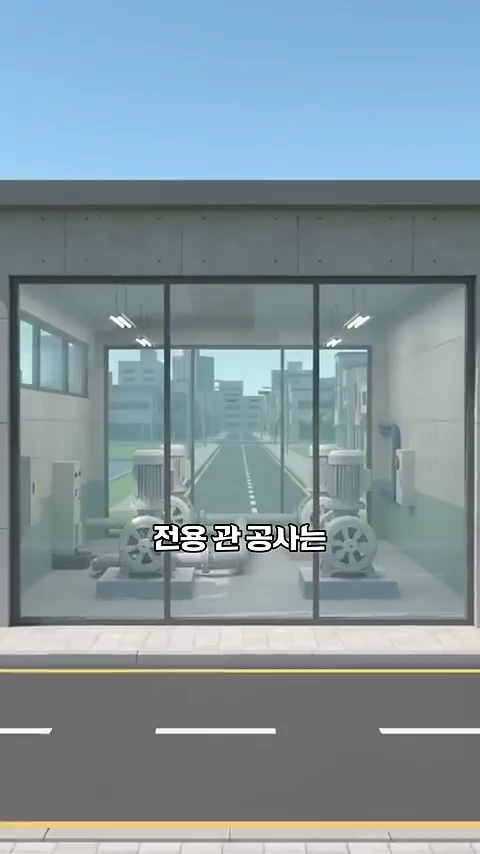 실내에 거대한 펌프 설비 두 대가 놓여 있고 통유리창 너머로 도로가 보이는 3D 그래픽 영상 화면
