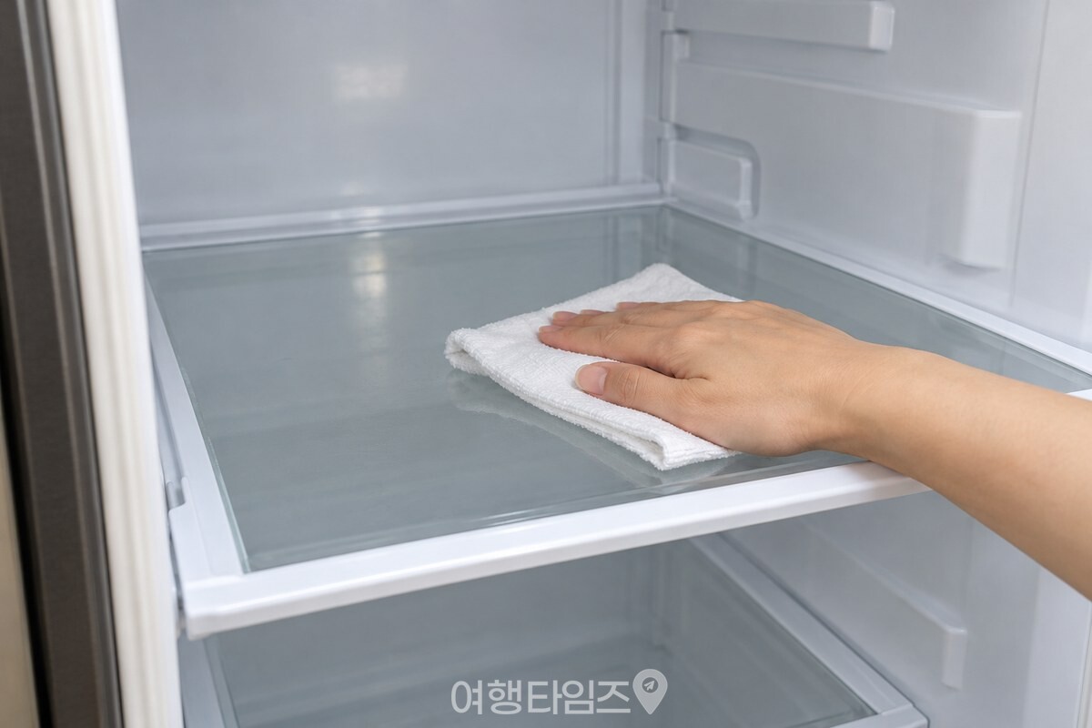 마른 흰 행주로 냉장고 선반을 닦는 모습 / 기사 이해를 돕기 위한 생성형 이미지