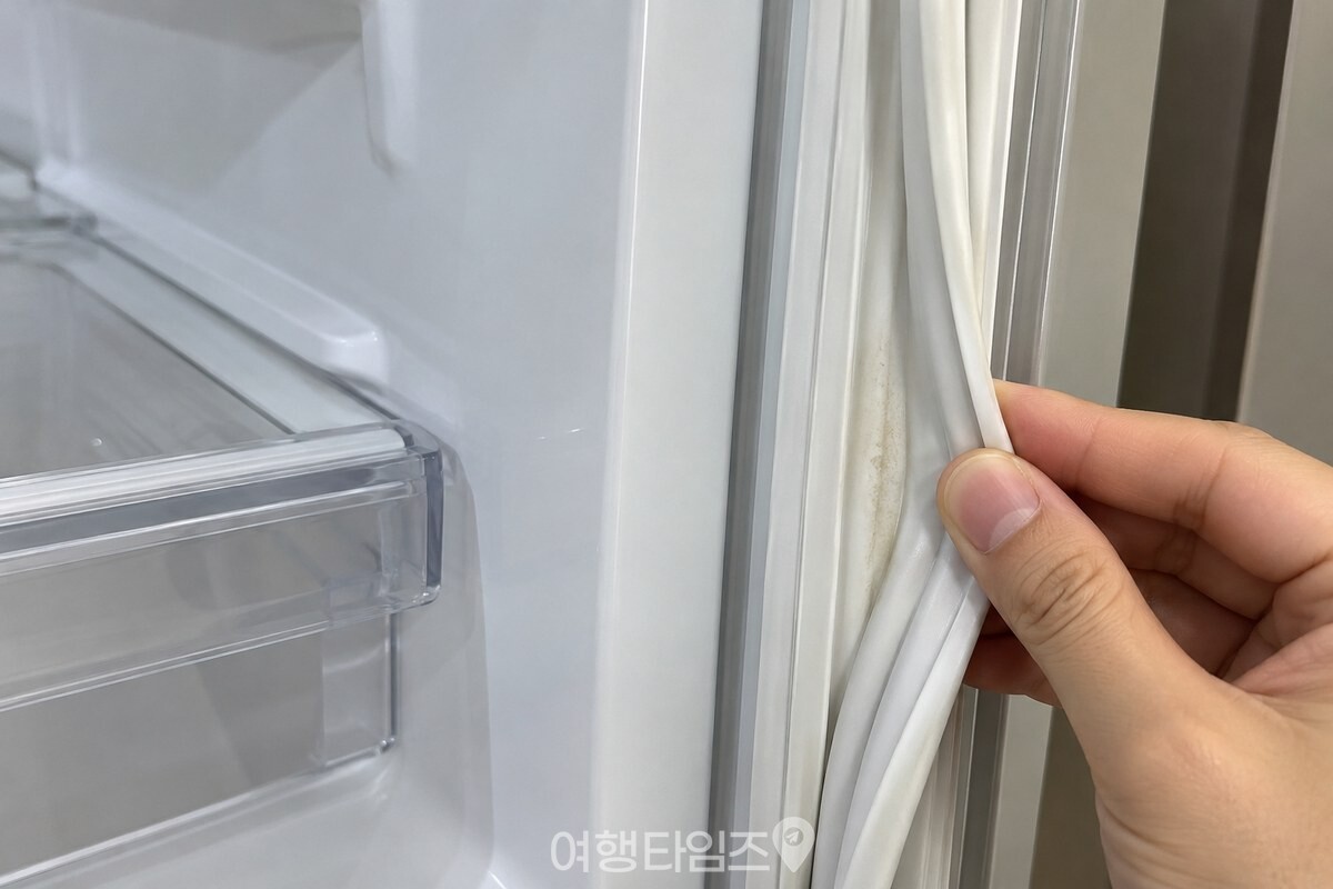 냉장고 문 고무 패킹 주름 안쪽의 옅은 자국을 확인하는 모습 / 기사 이해를 돕기 위한 생성형 이미지
