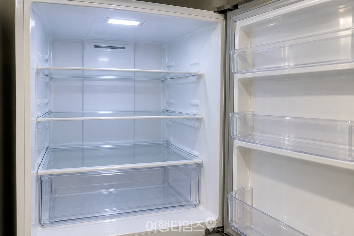 비어 있는 냉장고 선반과 문 고무 패킹을 살펴보는 모습 / 기사 이해를 돕기 위한 생성형 이미지