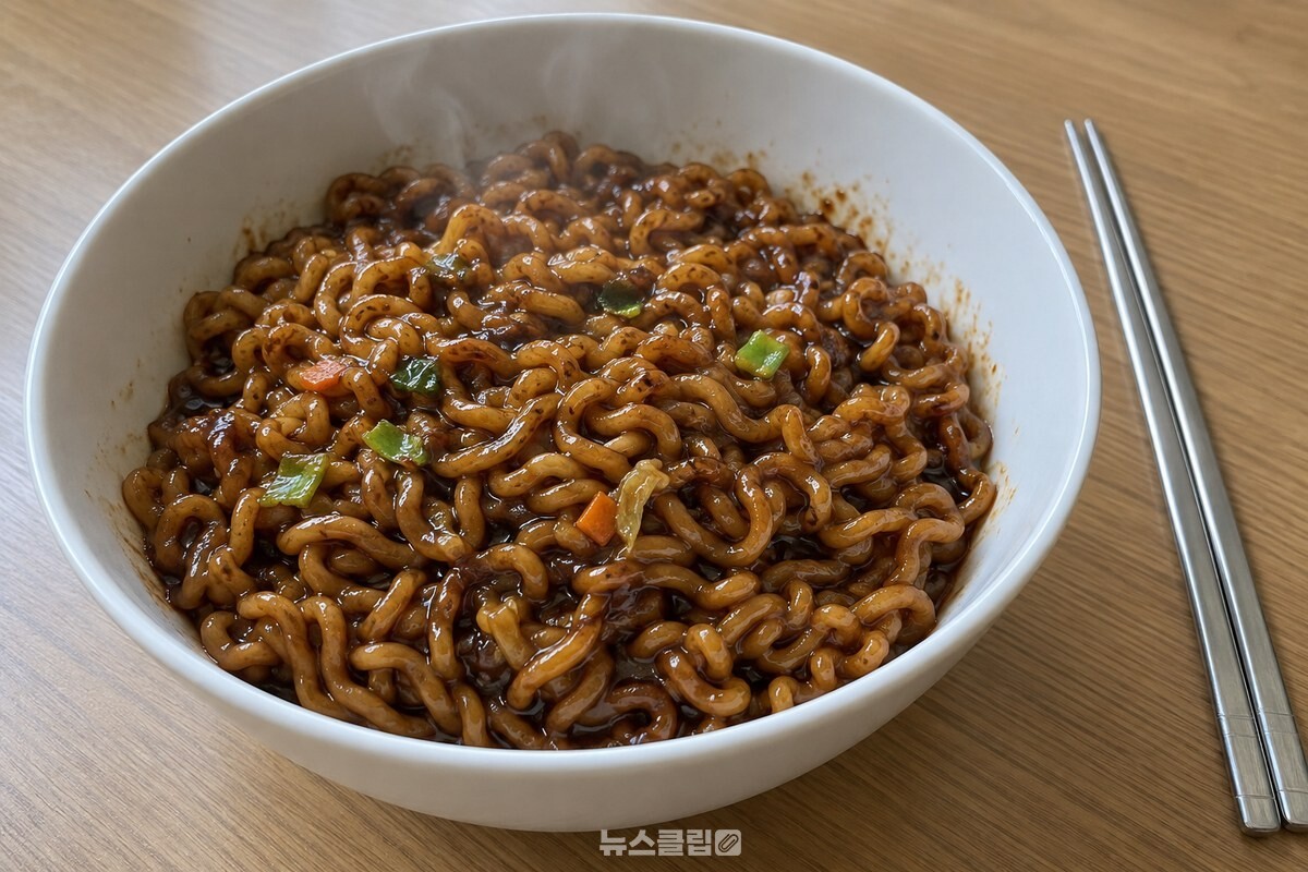 갈색 소스가 면 가닥에 고르게 묻은 완성 짜파게티 / 기사 이해를 돕기 위한 생성형 이미지
