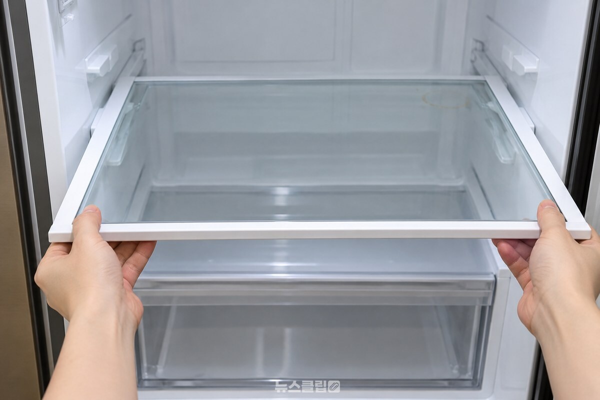 냉장고 안에서 조심스럽게 꺼내는 투명 유리 선반 / 기사 이해를 돕기 위한 생성형 이미지