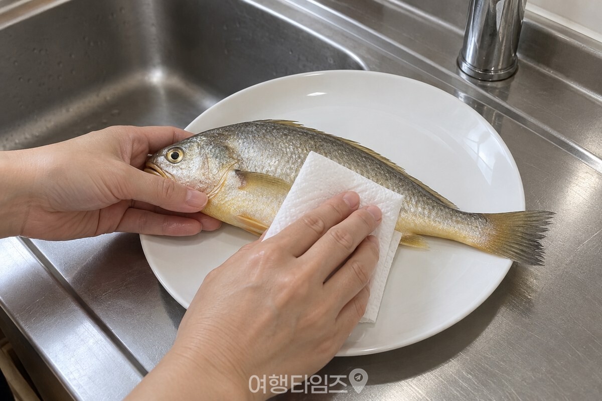 키친타월로 조기 겉면의 물기를 닦는 모습 / 기사 이해를 돕기 위한 생성형 이미지