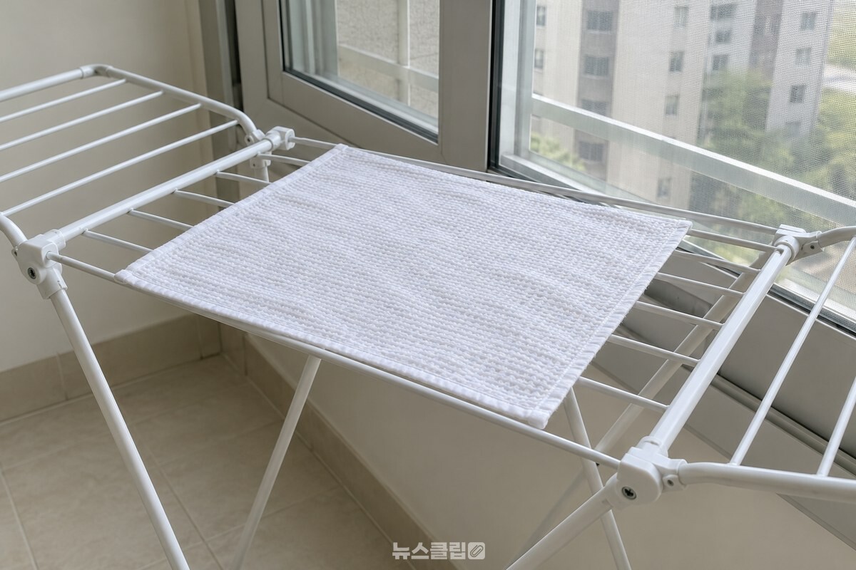 베란다 빨래건조대 위에 펼쳐 말리는 흰 면 행주 / 기사 이해를 돕기 위한 생성형 이미지
