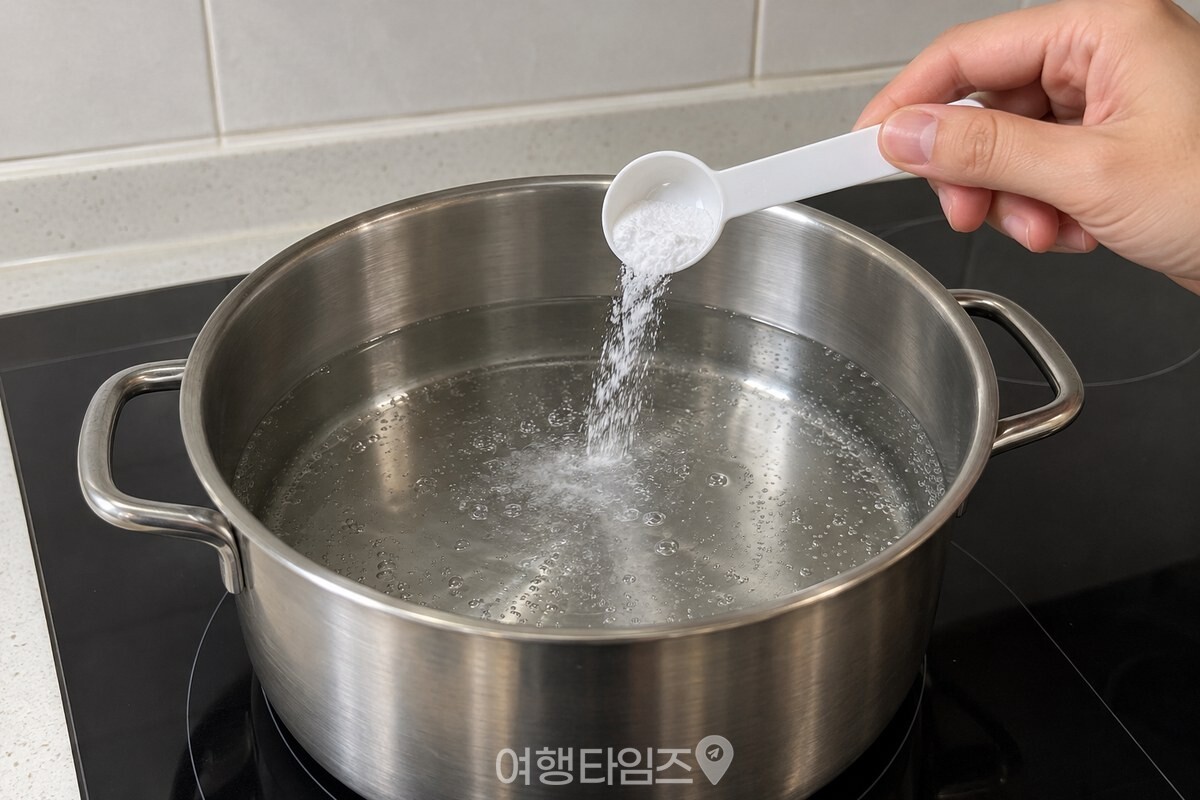 약한 불의 냄비에 베이킹소다를 조금씩 넣는 모습 / 기사 이해를 돕기 위한 생성형 이미지