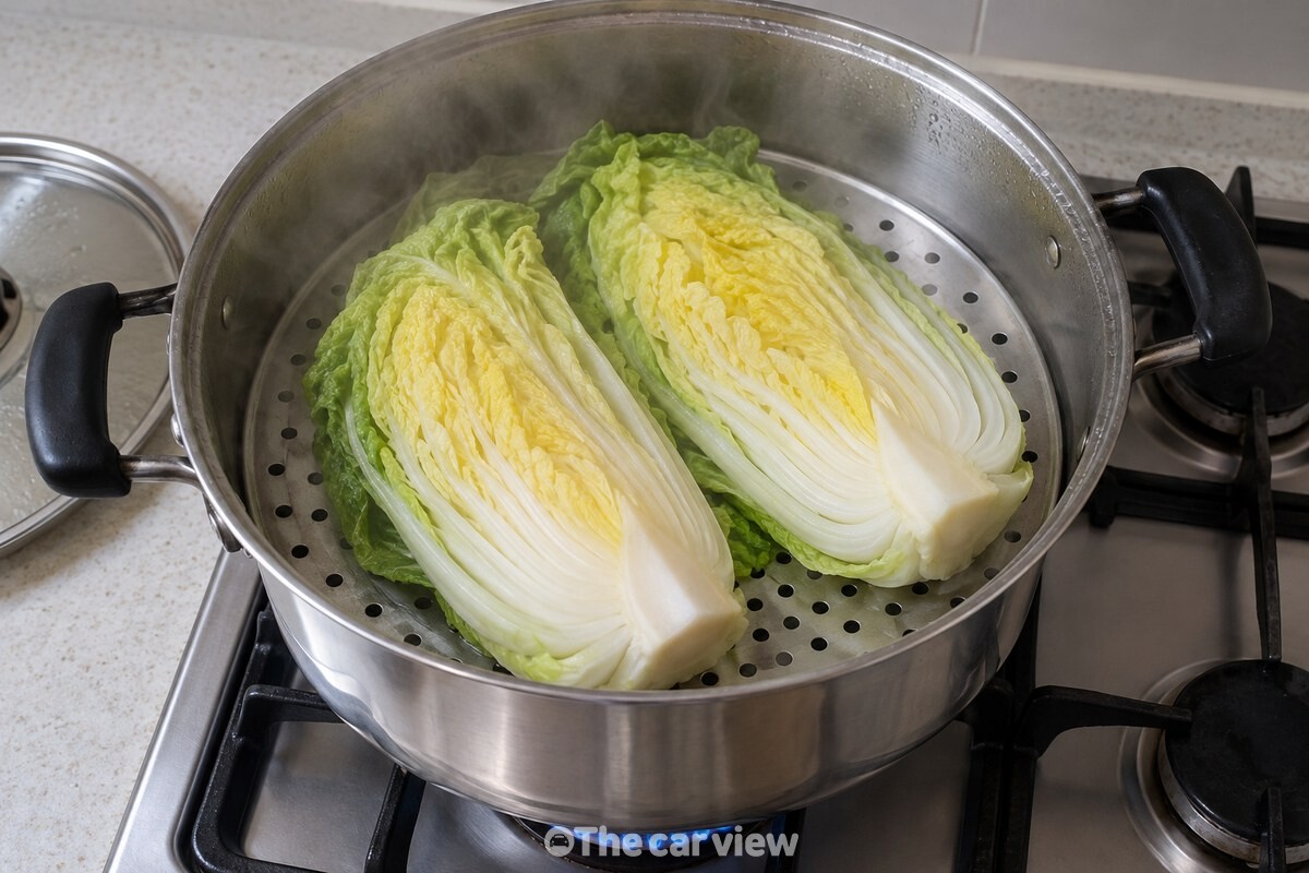 초록 겉잎이 아래로 향하도록 찜기에 나란히 놓은 배추 두 덩이 / 기사 이해를 돕기 위한 생성형 이미지
